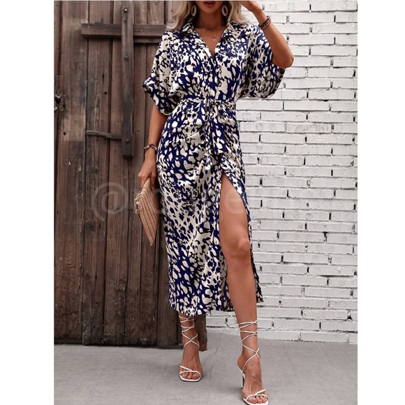 Spotted All Over Print Button Through Tie Belt Ruched Maxi Shirt Dress - Picture 5 of 16